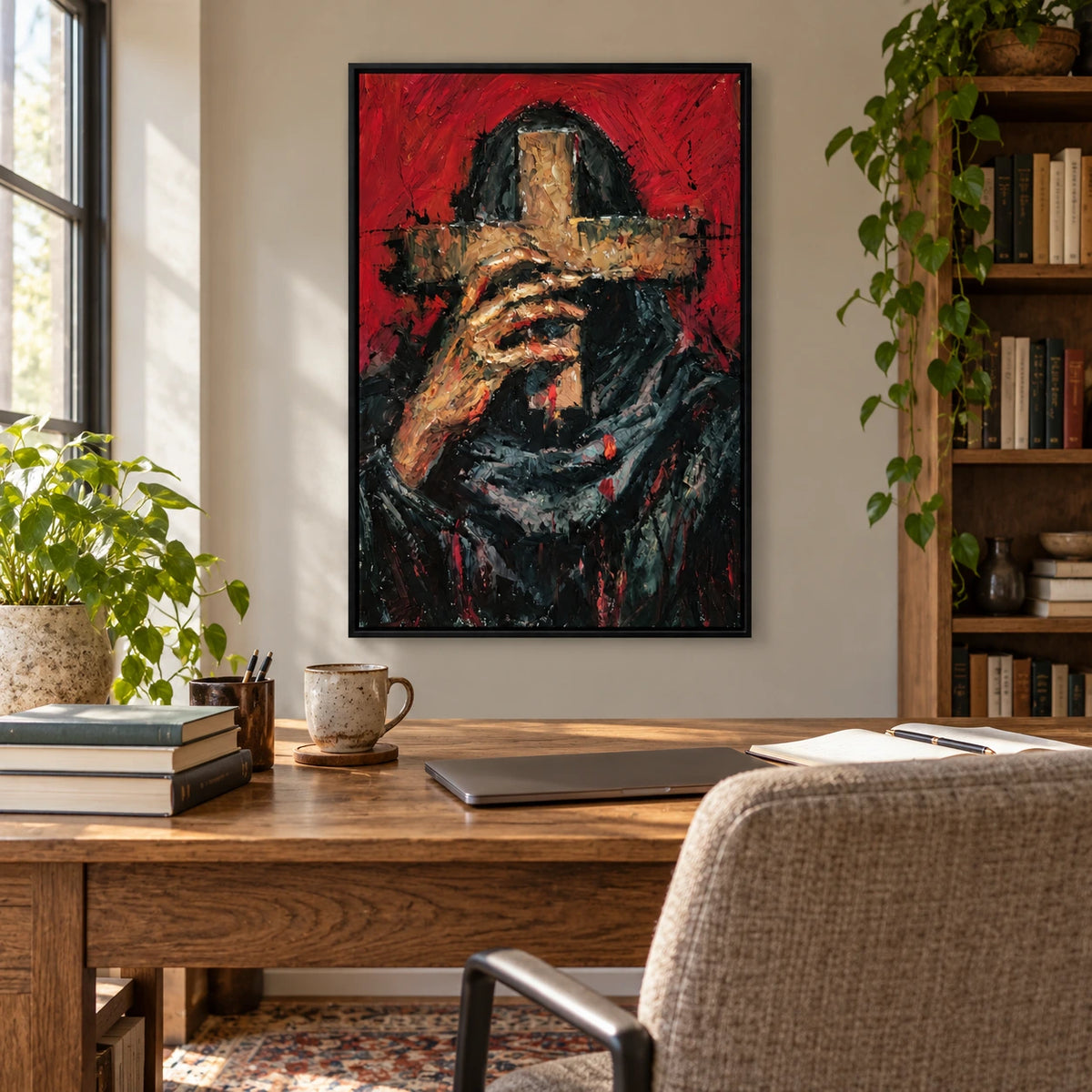 Hooded Figure Holding Gold Cross Oil Painting | Red Background Black Robe Expressive Vertical Religious Wall Art OA 1770