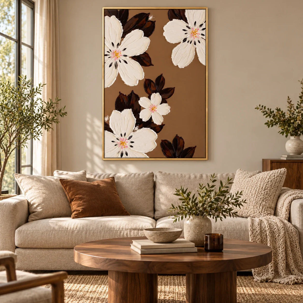 Ivory Flowers on Brown Oil Painting | Cream Petals Dark Leaves Textured Vertical Botanical Wall Art #OA 1793