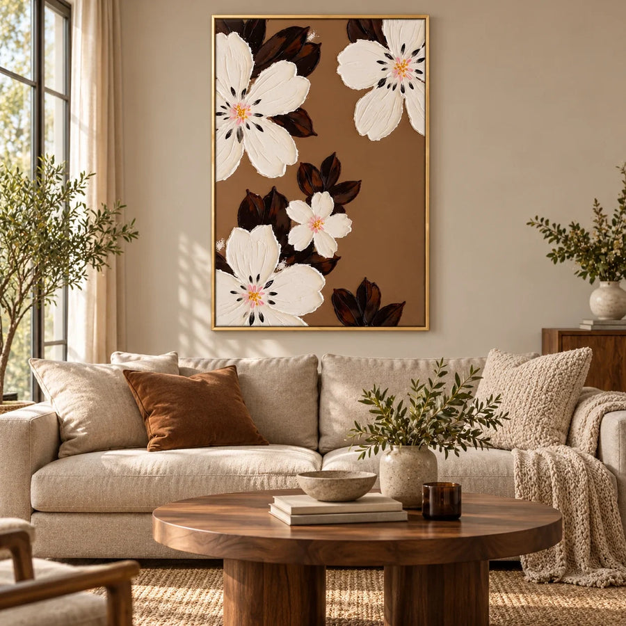 Ivory Flowers on Brown Oil Painting | Cream Petals Dark Leaves Textured Vertical Botanical Wall Art #OA 1793