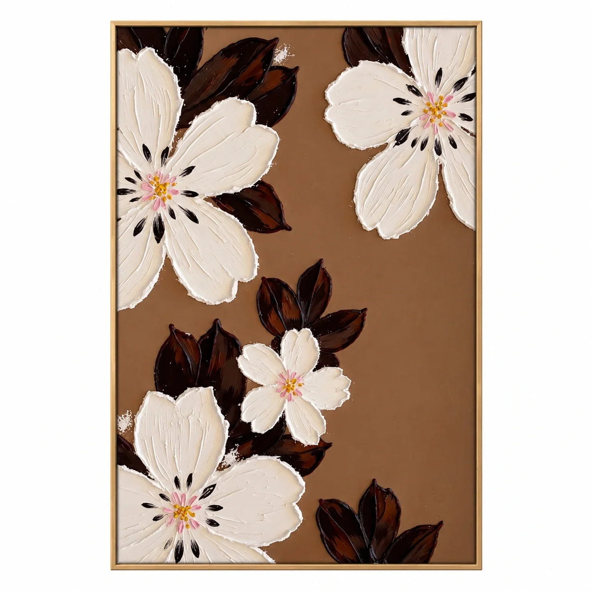 Ivory Flowers on Brown Oil Painting | Cream Petals Dark Leaves Textured Vertical Botanical Wall Art #OA 1793