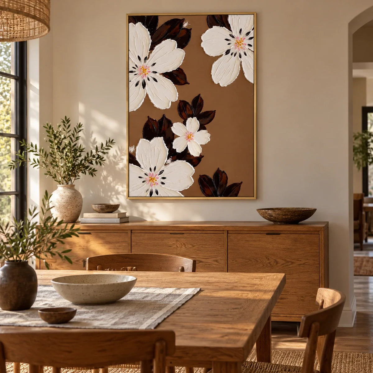 Ivory Flowers on Brown Oil Painting | Cream Petals Dark Leaves Textured Vertical Botanical Wall Art #OA 1793