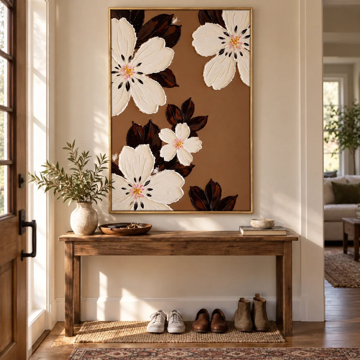 Ivory Flowers on Brown Oil Painting | Cream Petals Dark Leaves Textured Vertical Botanical Wall Art #OA 1793