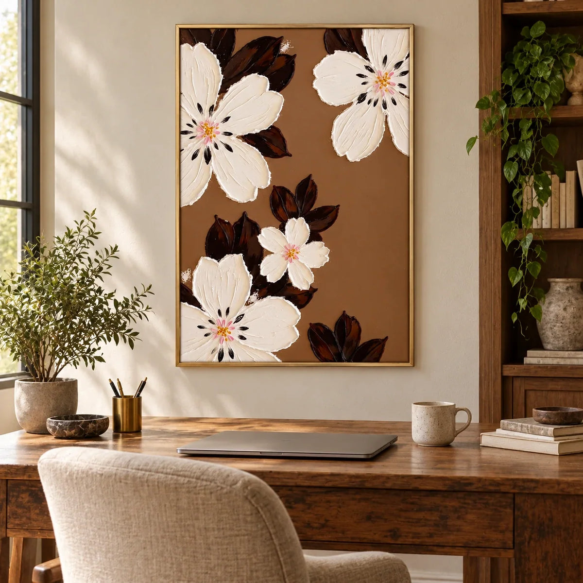 Ivory Flowers on Brown Oil Painting | Cream Petals Dark Leaves Textured Vertical Botanical Wall Art #OA 1793