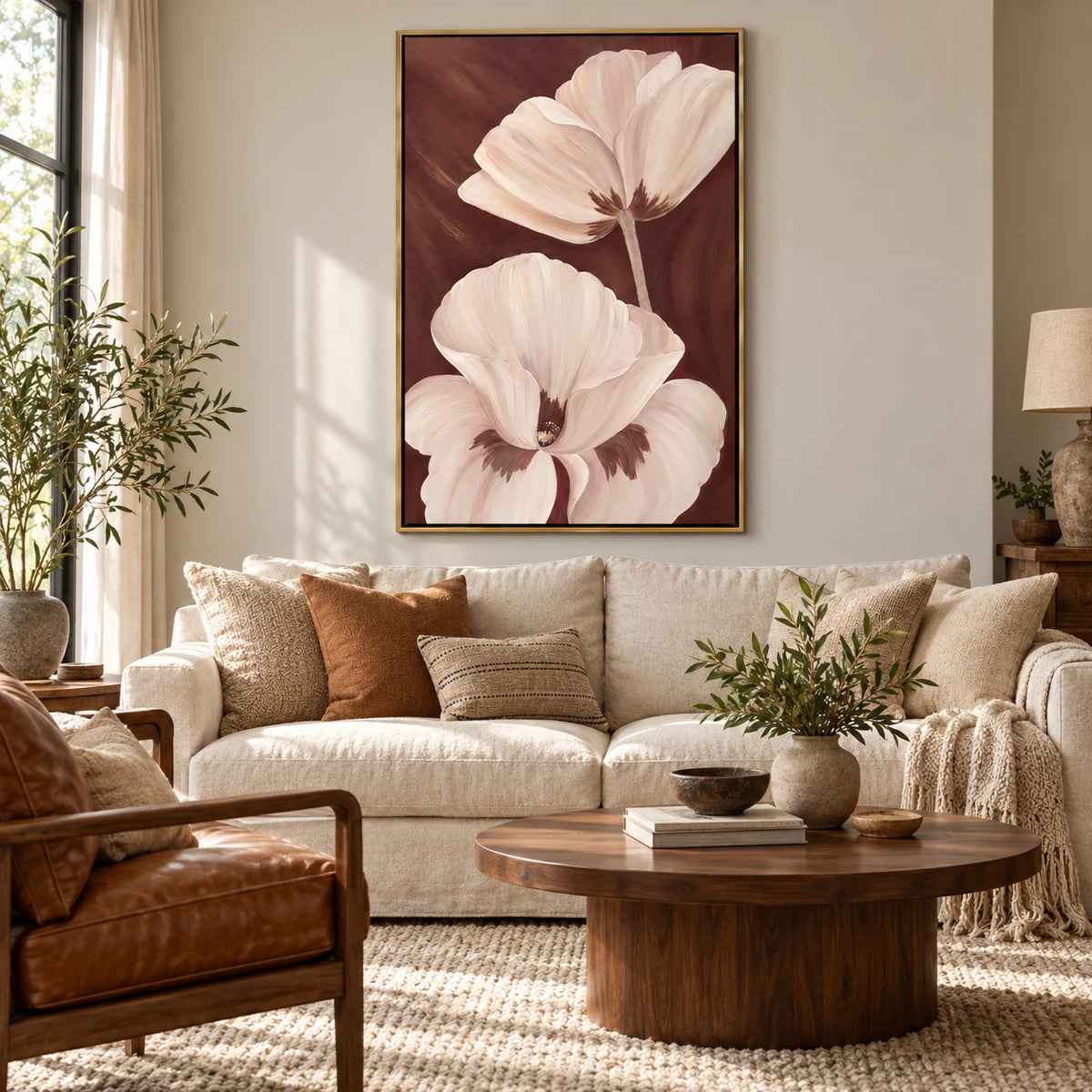 Ivory Flowers on Brown Oil Painting | Large Cream Petals Neutral Botanical Vertical Wall Art #OA 1653