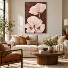 Ivory Flowers on Brown Oil Painting | Large Cream Petals Neutral Botanical Vertical Wall Art #OA 1653