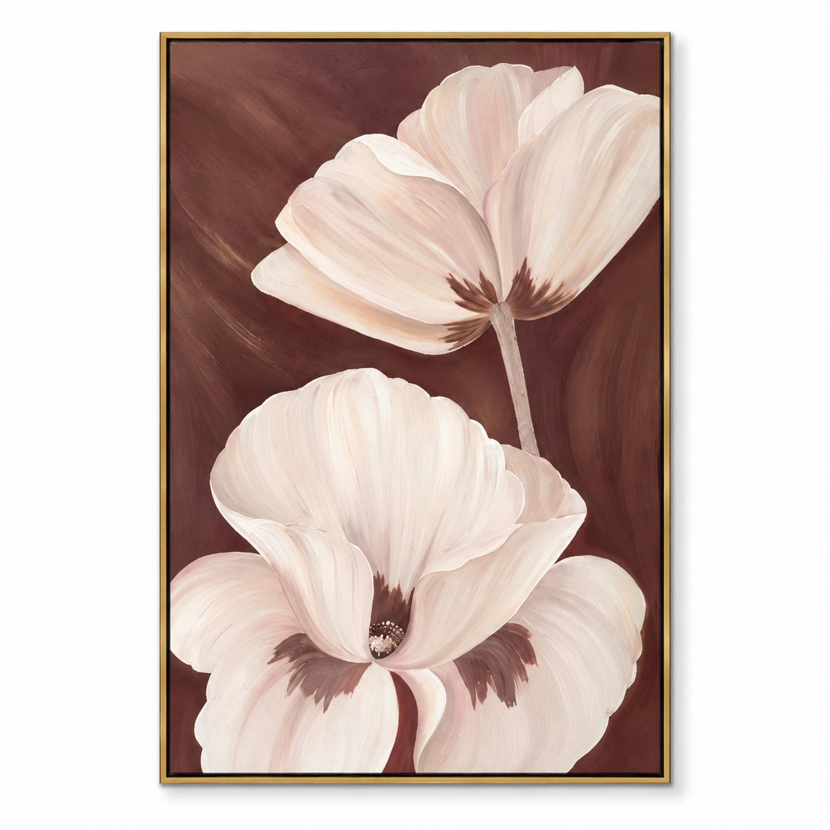 Ivory Flowers on Brown Oil Painting | Large Cream Petals Neutral Botanical Vertical Wall Art #OA 1653