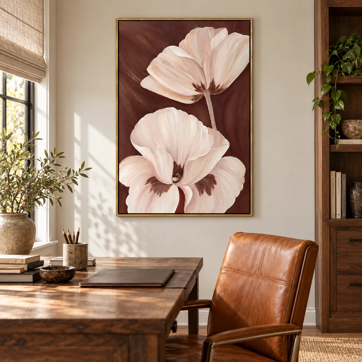 Ivory Flowers on Brown Oil Painting | Large Cream Petals Neutral Botanical Vertical Wall Art #OA 1653