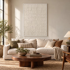 Ivory Scalloped Relief Oil Painting | Repeating Raised Arches Minimalist Vertical White Textured Wall Art #OA 1780