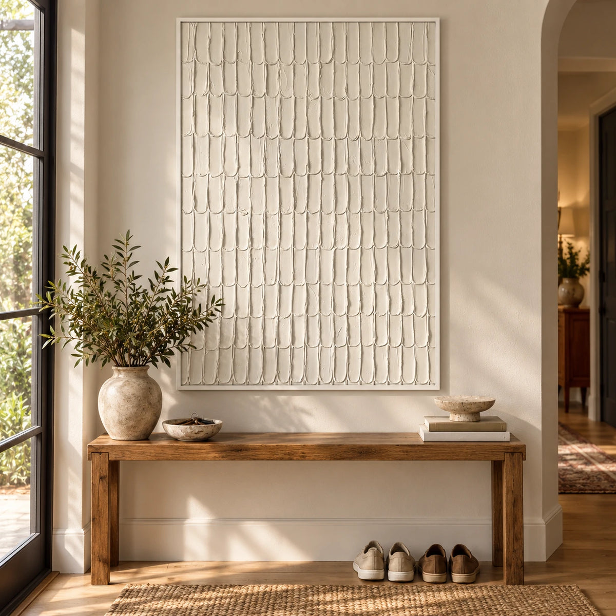Ivory Scalloped Relief Oil Painting | Repeating Raised Arches Minimalist Vertical White Textured Wall Art OA 1780