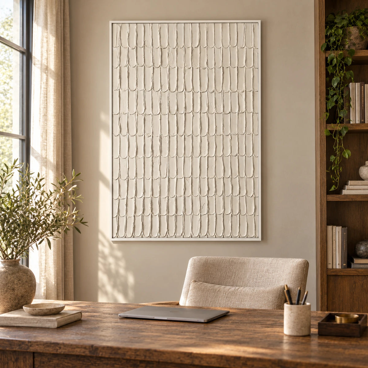 Ivory Scalloped Relief Oil Painting | Repeating Raised Arches Minimalist Vertical White Textured Wall Art OA 1780