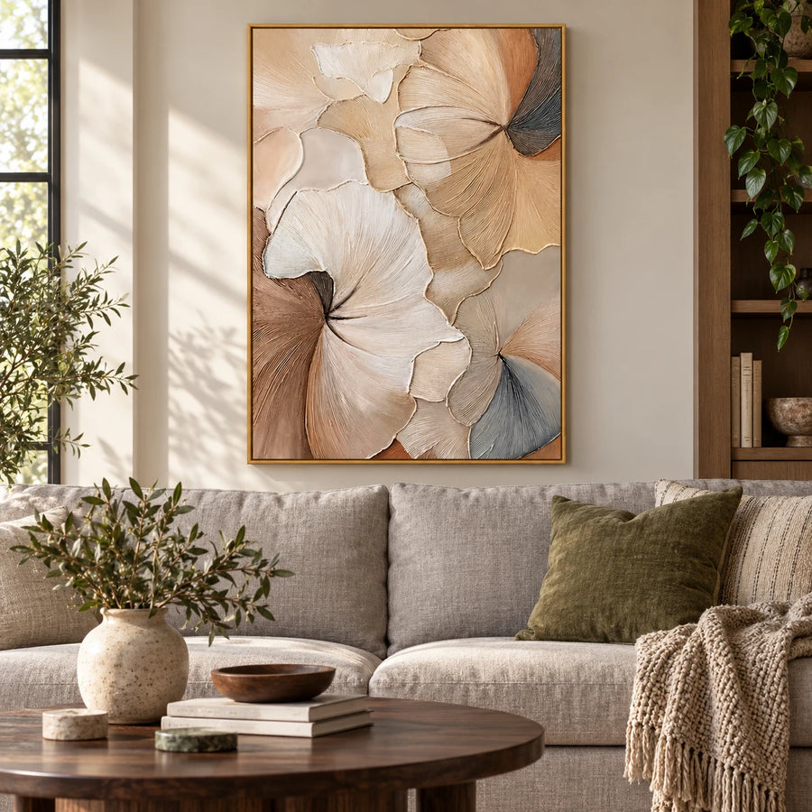 Ivory and Beige Ginkgo Leaves Oil Painting | Layered Fan-Shaped Foliage Textured Vertical Botanical Wall Art #OA 1815