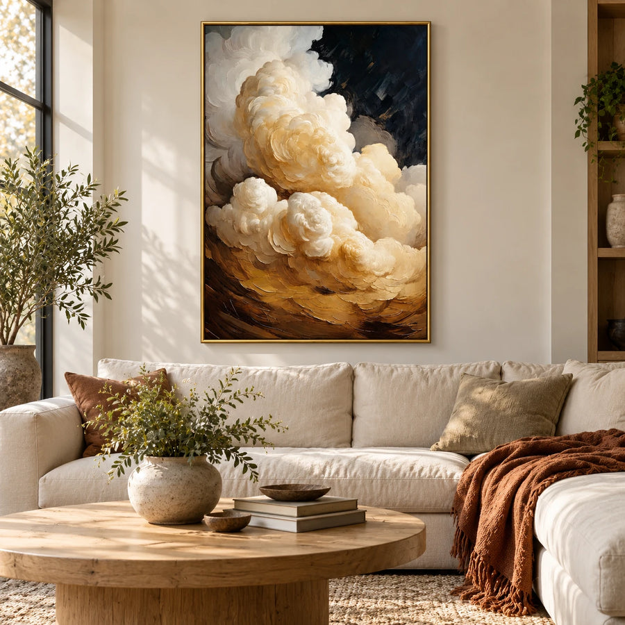 Ivory and Gold Clouds Oil Painting | Billowing Cream Forms on Black Textured Vertical Dramatic Wall Art #OA 1819