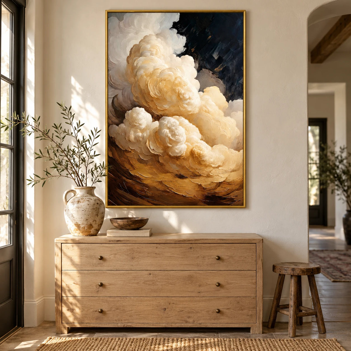 Ivory and Gold Clouds Oil Painting | Billowing Cream Forms on Black Textured Vertical Dramatic Wall Art #OA 1819