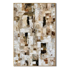 Ivory, Beige and Brown Mosaic Block Heavy Textured Abstract Oil Painting – Vertical Neutral Impasto Wall Art | Ownanart # OA 1211