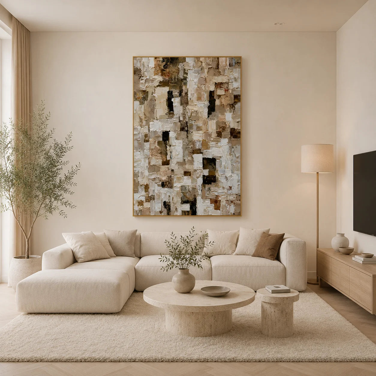 Ivory, Beige and Brown Mosaic Block Heavy Textured Abstract Oil Painting – Vertical Neutral Impasto Wall Art | Ownanart # OA 1211