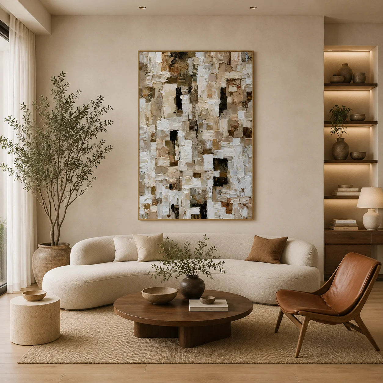 Ivory, Beige and Brown Mosaic Block Heavy Textured Abstract Oil Painting – Vertical Neutral Impasto Wall Art | Ownanart # OA 1211