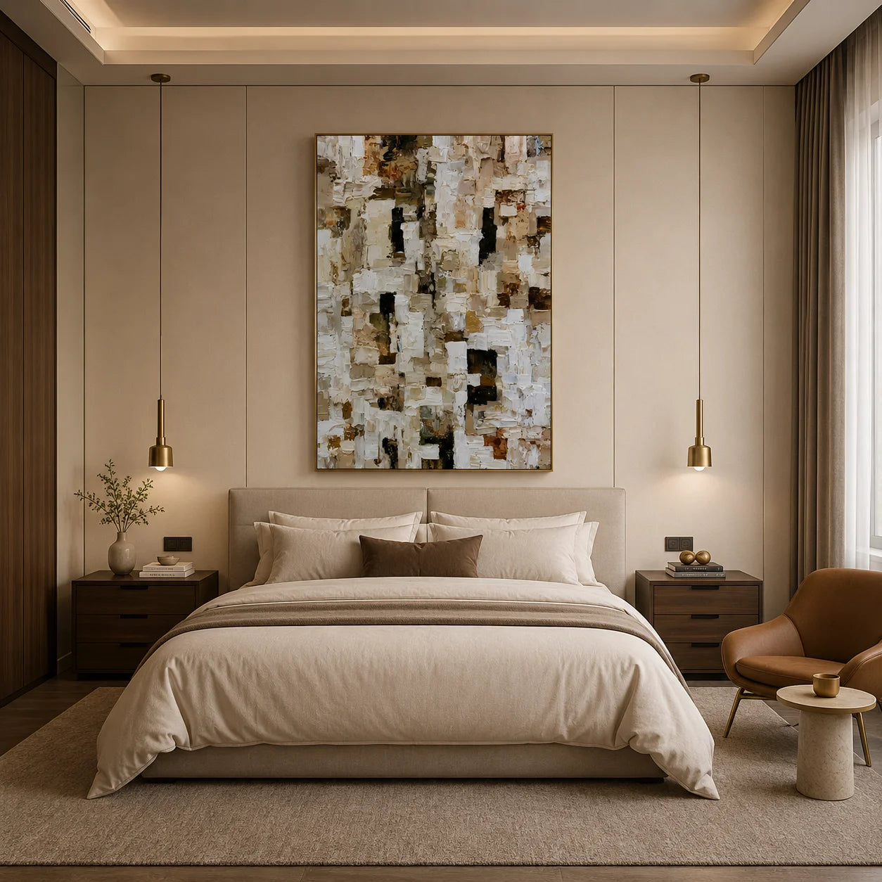 Ivory, Beige and Brown Mosaic Block Heavy Textured Abstract Oil Painting – Vertical Neutral Impasto Wall Art | Ownanart # OA 1211