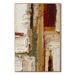 Ivory Gold and Burgundy Geometric Textured Abstract Oil Painting – Vertical Wabi-Sabi Luxury Wall Art | Ownanart # OA 1204