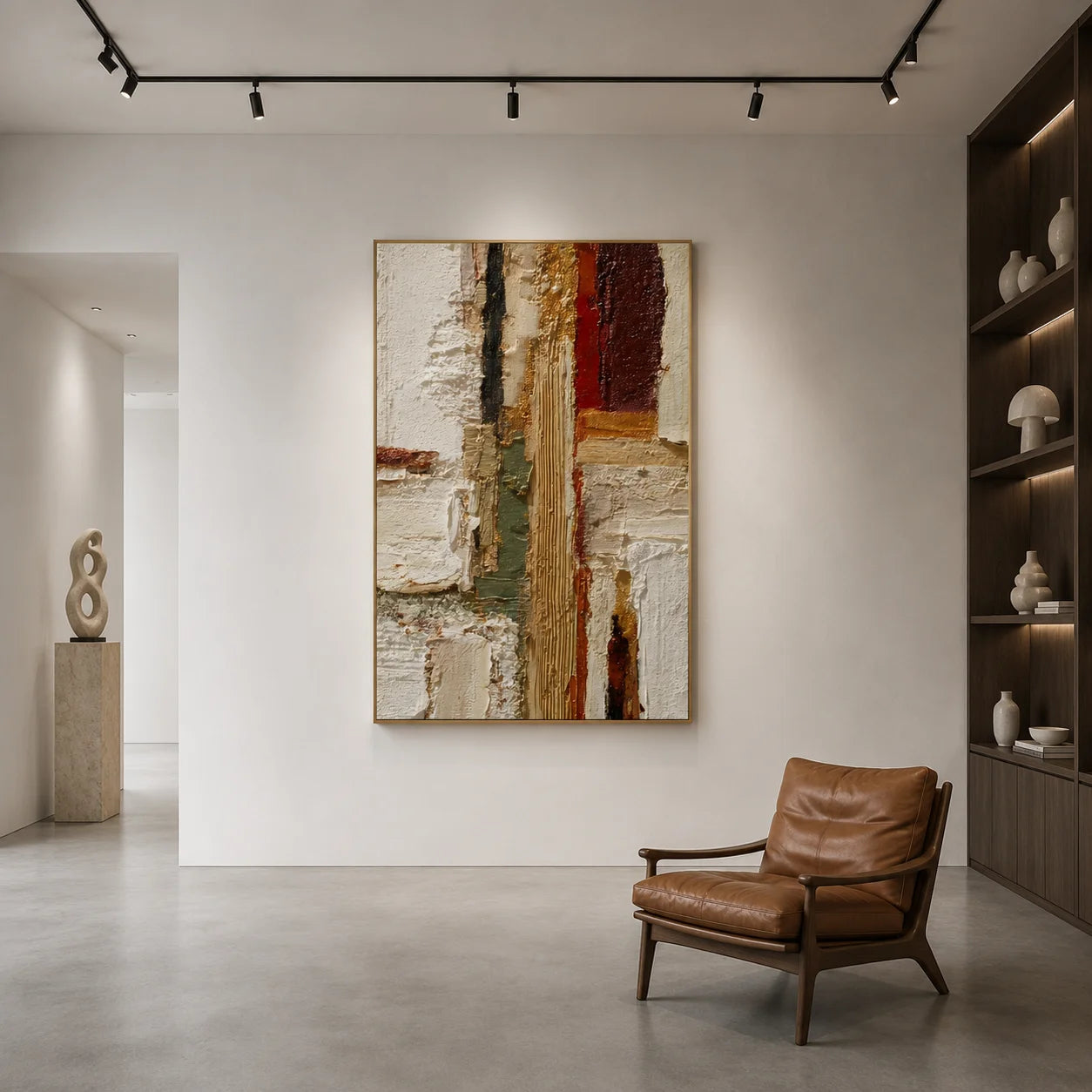 Ivory Gold and Burgundy Geometric Textured Abstract Oil Painting – Vertical Wabi-Sabi Luxury Wall Art | Ownanart # OA 1204
