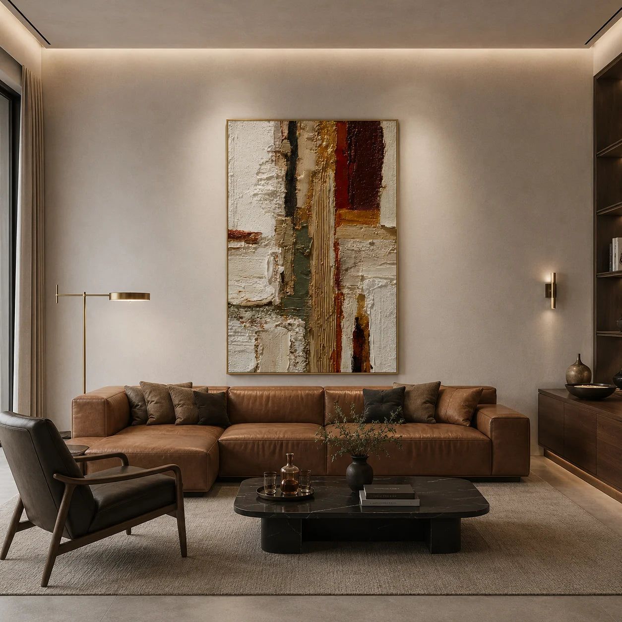 Ivory Gold and Burgundy Geometric Textured Abstract Oil Painting – Vertical Wabi-Sabi Luxury Wall Art | Ownanart # OA 1204