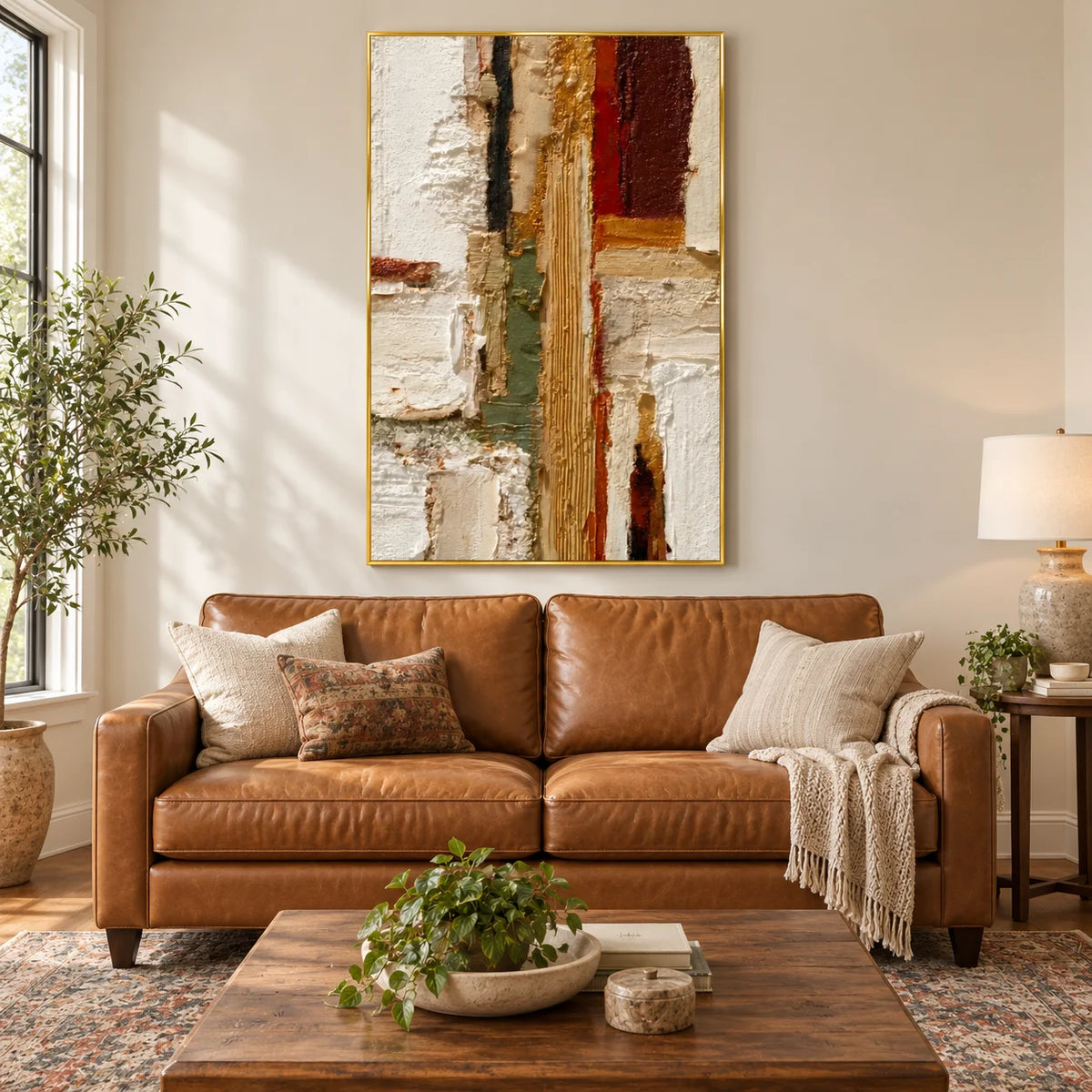 Ivory Gold and Burgundy Geometric Textured Abstract Oil Painting – Vertical Wabi-Sabi Luxury Wall Art  Ownanart  OA 1204