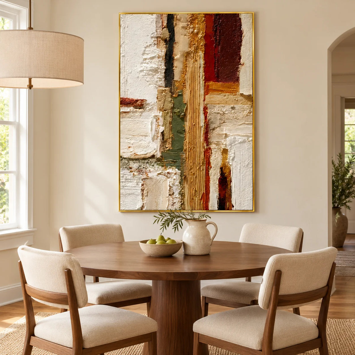 Ivory Gold and Burgundy Geometric Textured Abstract Oil Painting – Vertical Wabi-Sabi Luxury Wall Art  Ownanart  OA 1204