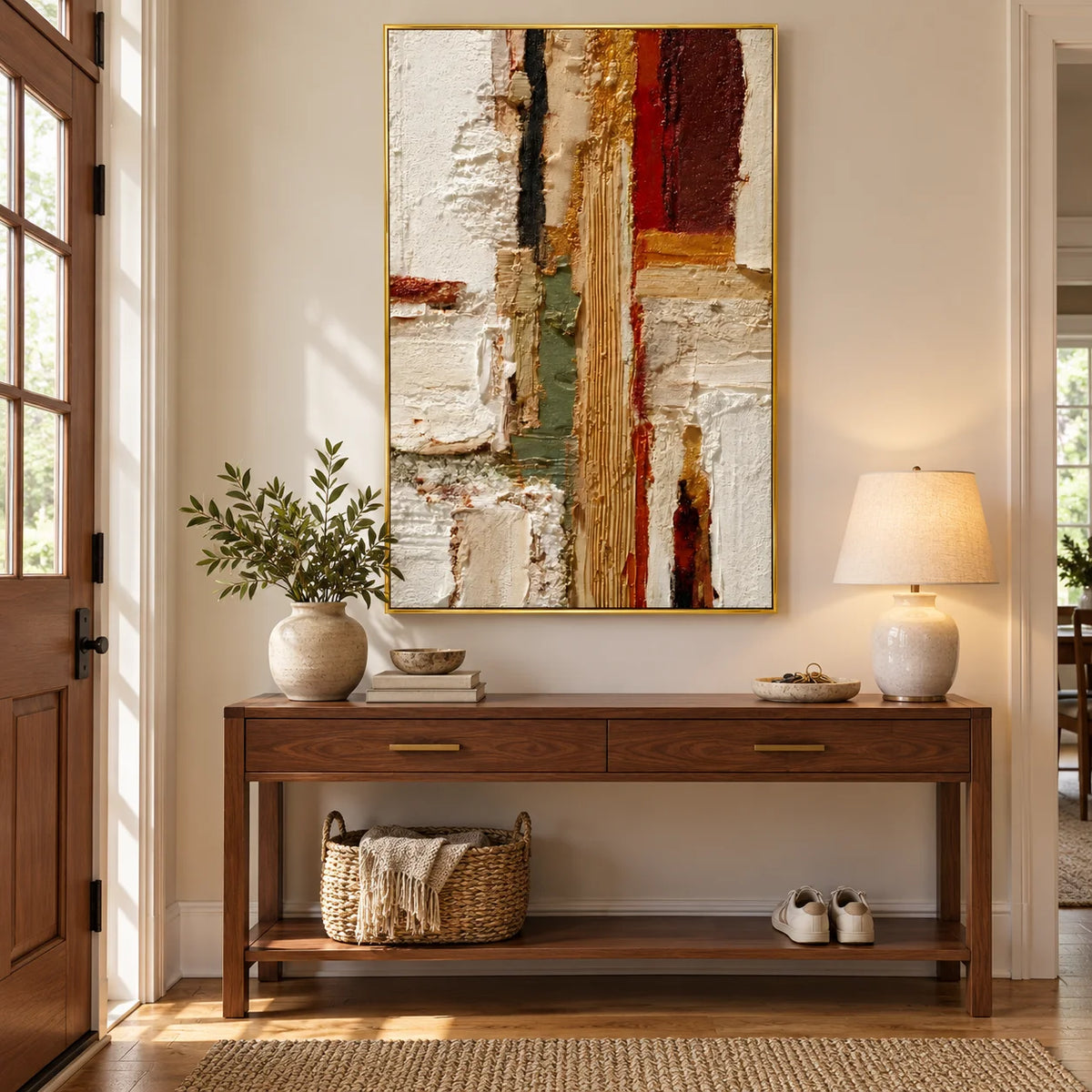 Ivory Gold and Burgundy Geometric Textured Abstract Oil Painting – Vertical Wabi-Sabi Luxury Wall Art  Ownanart  OA 1204