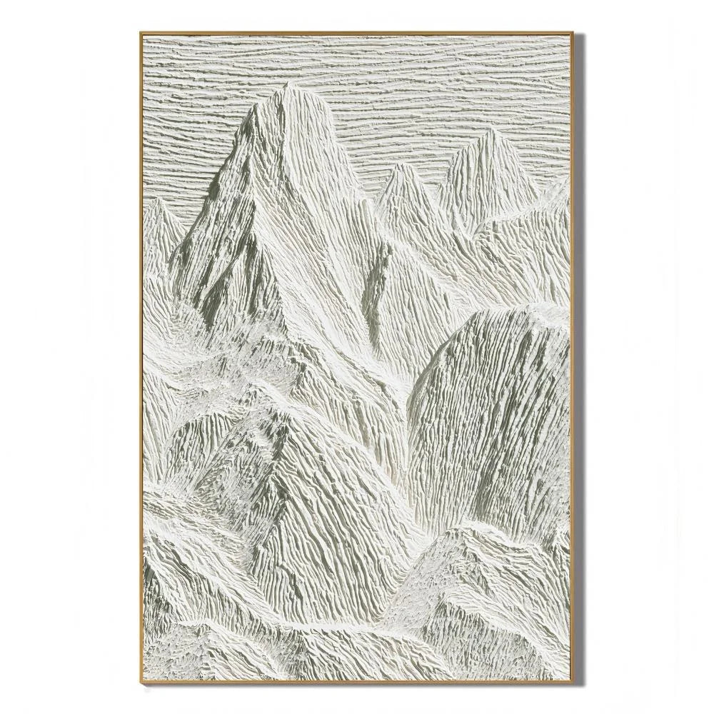 Ivory White Mountain Relief Textured Oil Painting – Vertical Minimalist Wabi-Sabi Landscape Wall Art | Ownanart # OA 1203