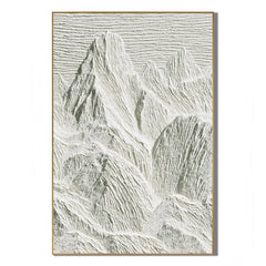 Ivory White Mountain Relief Textured Oil Painting – Vertical Minimalist Wabi-Sabi Landscape Wall Art | Ownanart # OA 1203
