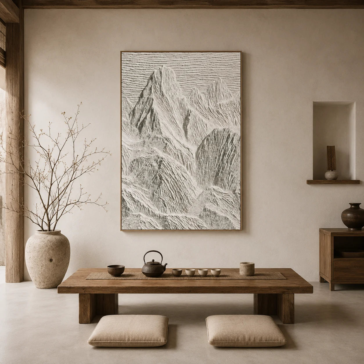 Ivory White Mountain Relief Textured Oil Painting – Vertical Minimalist Wabi-Sabi Landscape Wall Art | Ownanart # OA 1203