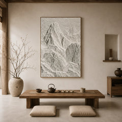 Ivory White Mountain Relief Textured Oil Painting – Vertical Minimalist Wabi-Sabi Landscape Wall Art | Ownanart # OA 1203