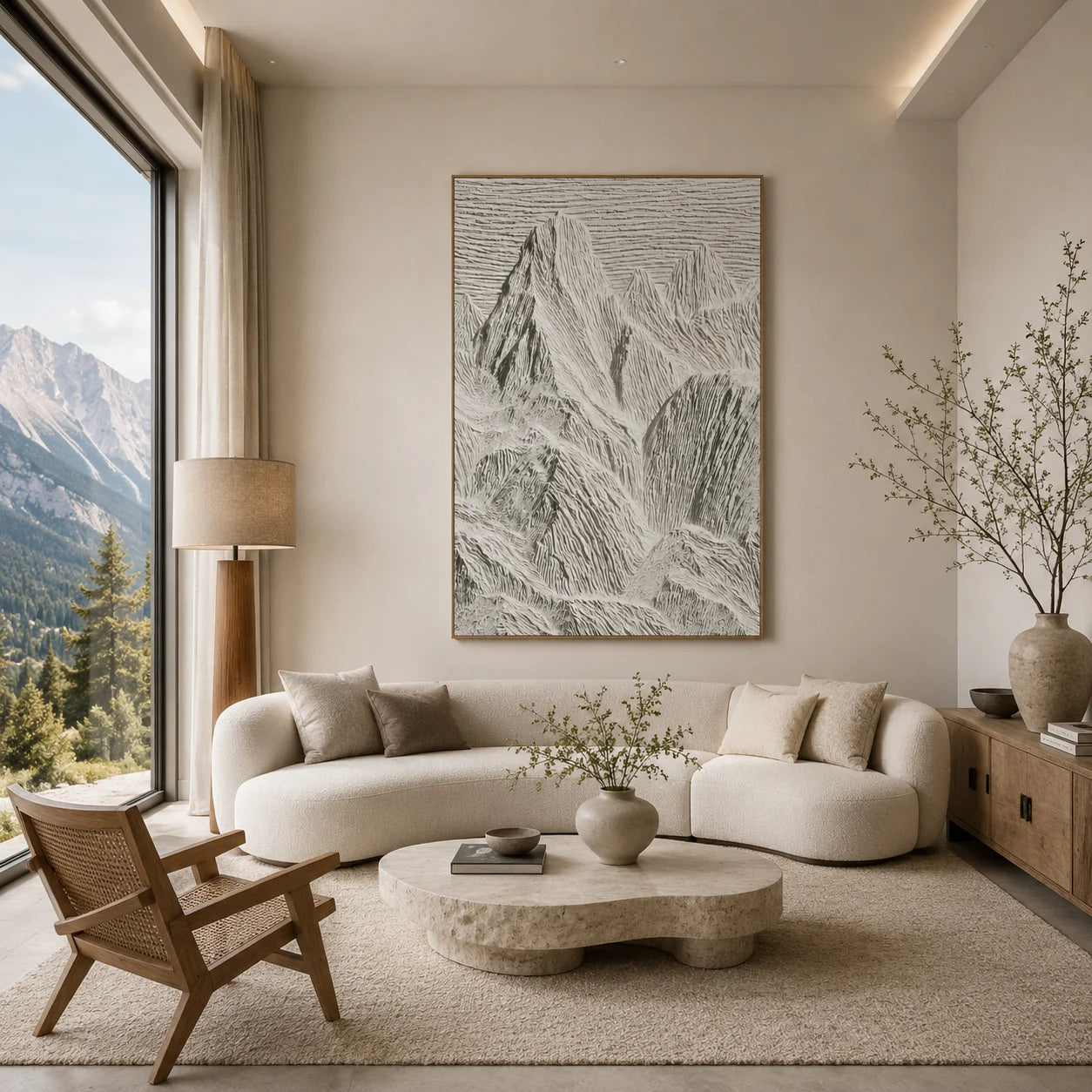 Ivory White Mountain Relief Textured Oil Painting – Vertical Minimalist Wabi-Sabi Landscape Wall Art | Ownanart # OA 1203