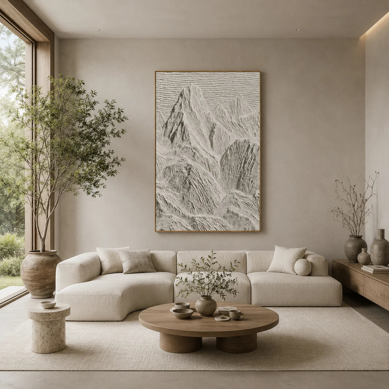 Ivory White Mountain Relief Textured Oil Painting – Vertical Minimalist Wabi-Sabi Landscape Wall Art | Ownanart # OA 1203