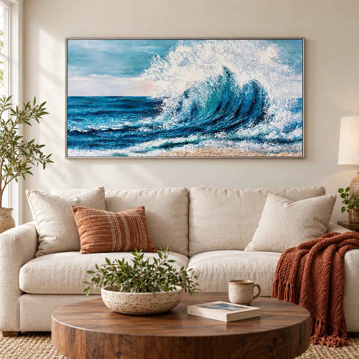 Large Blue Ocean Wave Oil Painting | Turquoise Surf and White Sea Spray Horizontal Coastal Canvas Wall Art #OA 1809