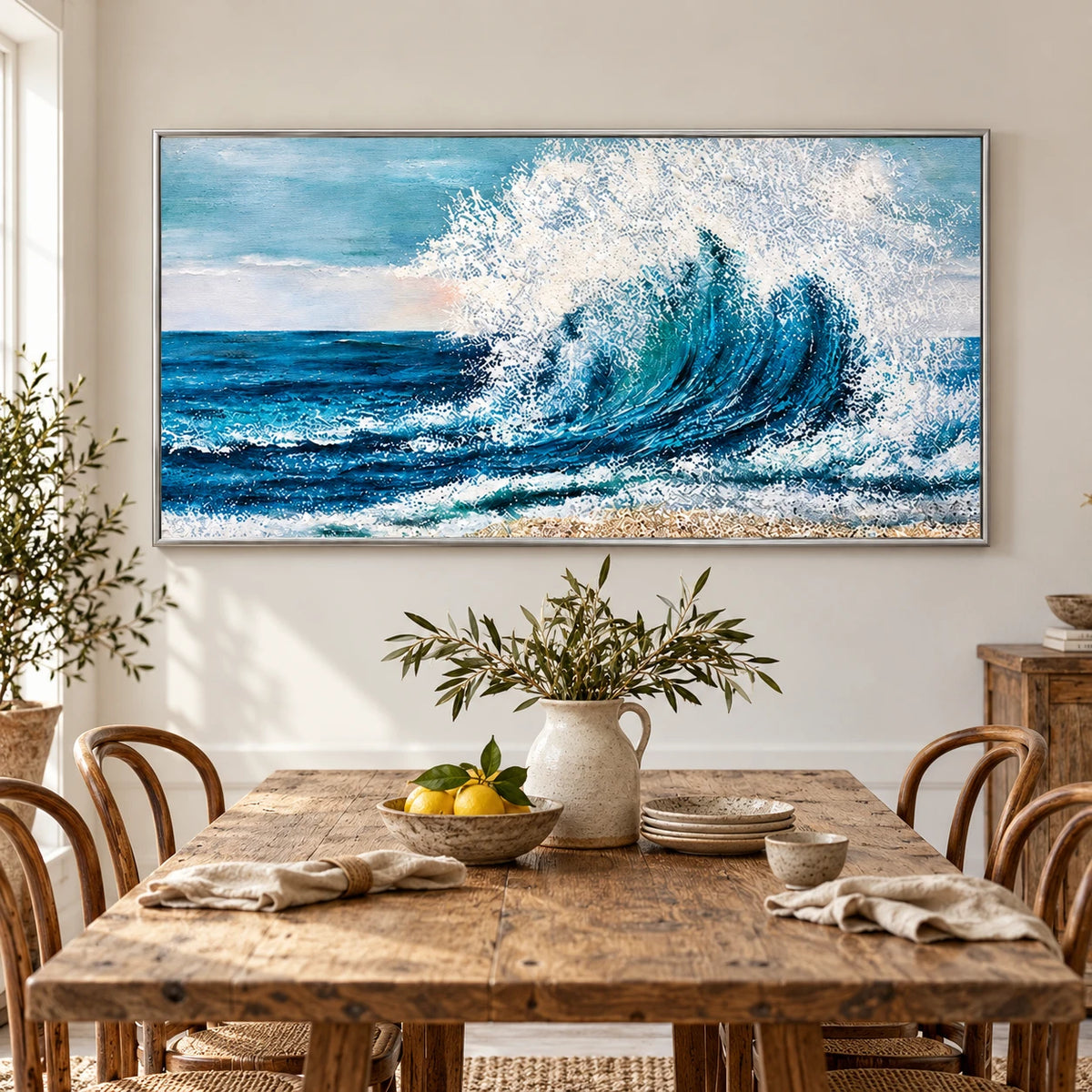 Large Blue Ocean Wave Oil Painting | Turquoise Surf and White Sea Spray Horizontal Coastal Canvas Wall Art #OA 1809