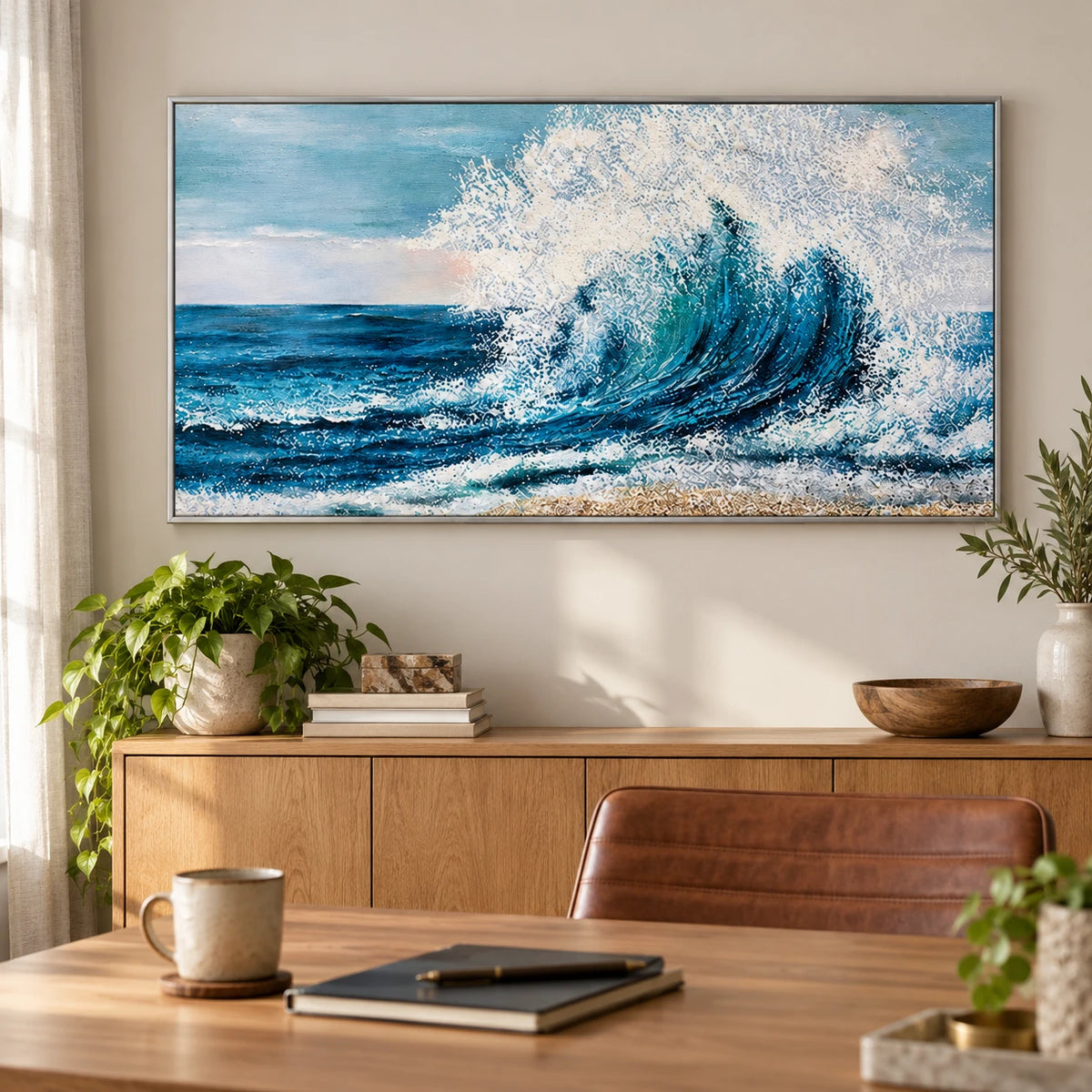 Large Blue Ocean Wave Oil Painting | Turquoise Surf and White Sea Spray Horizontal Coastal Canvas Wall Art #OA 1809