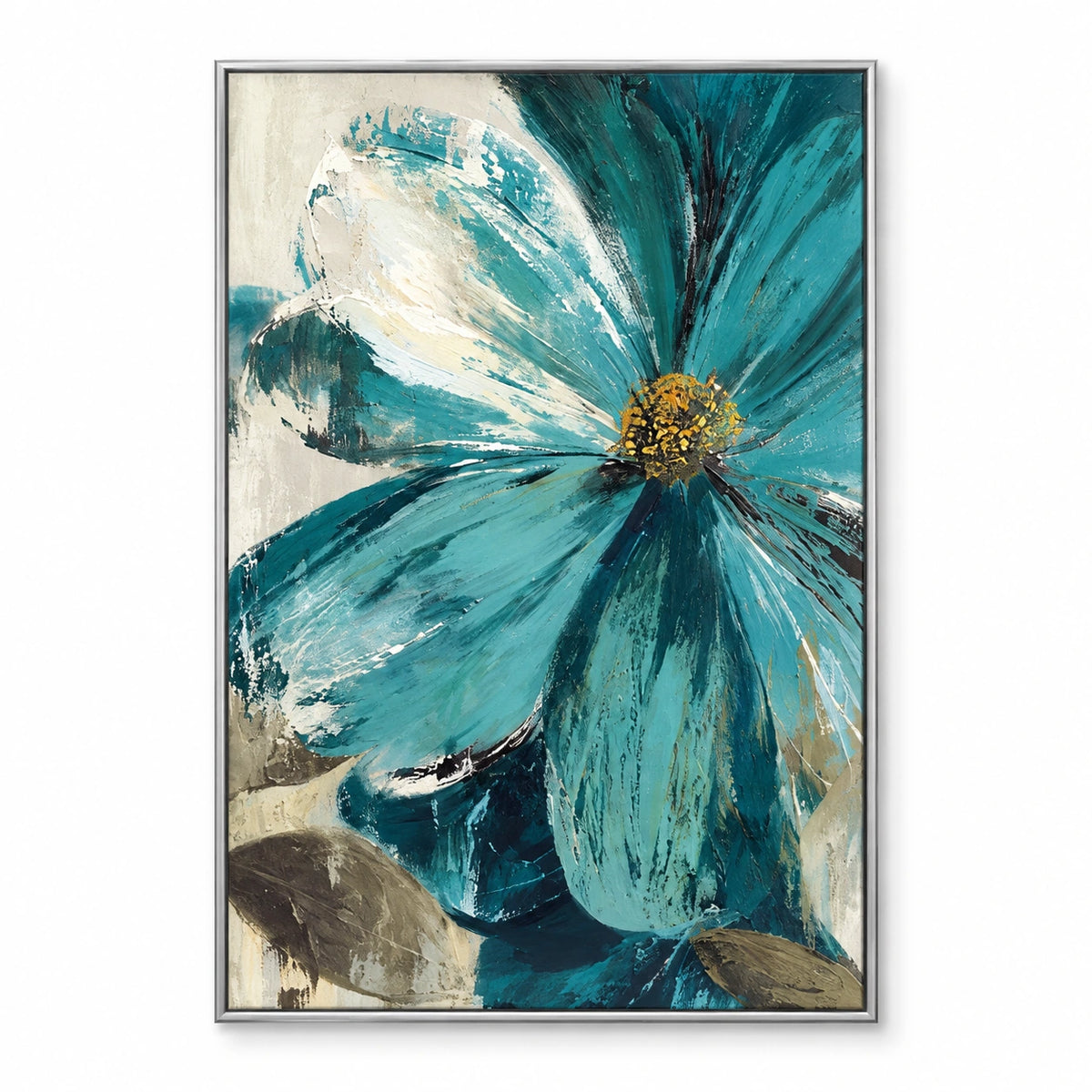 Large Teal Flower Oil Painting | Cream Petals Gold Center and Olive Leaves Textured Vertical Botanical Wall Art OA 1736