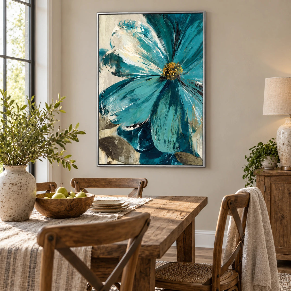 Large Teal Flower Oil Painting | Cream Petals Gold Center and Olive Leaves Textured Vertical Botanical Wall Art OA 1736