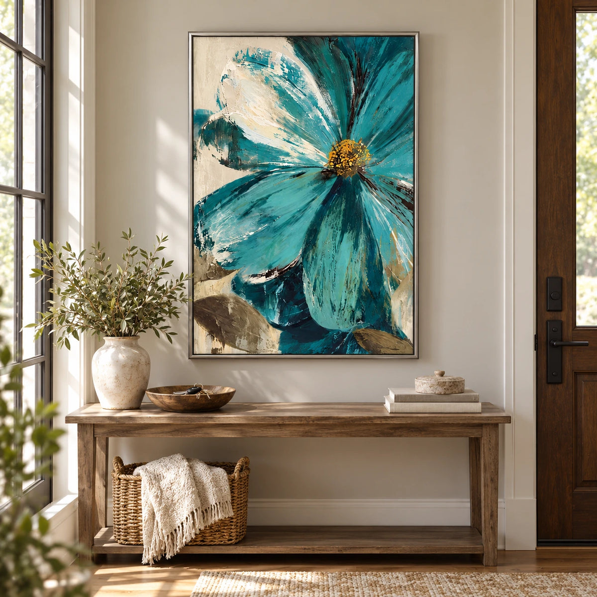 Large Teal Flower Oil Painting | Cream Petals Gold Center and Olive Leaves Textured Vertical Botanical Wall Art OA 1736