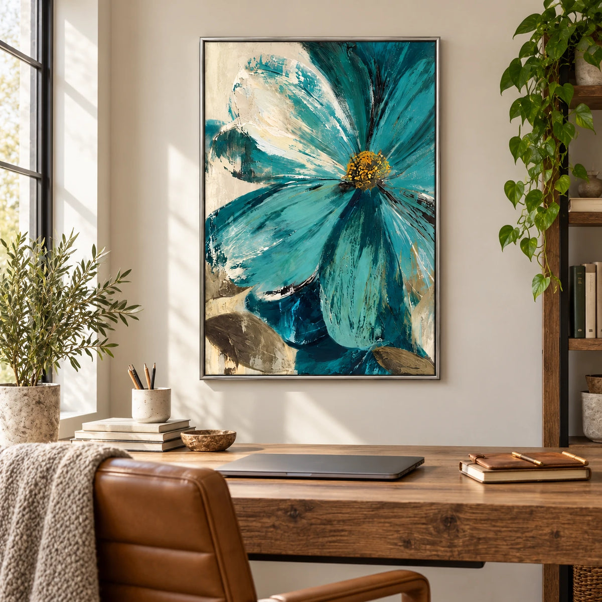 Large Teal Flower Oil Painting | Cream Petals Gold Center and Olive Leaves Textured Vertical Botanical Wall Art OA 1736