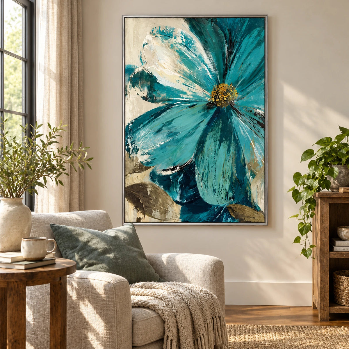 Large Teal Flower Oil Painting | Cream Petals Gold Center and Olive Leaves Textured Vertical Botanical Wall Art OA 1736