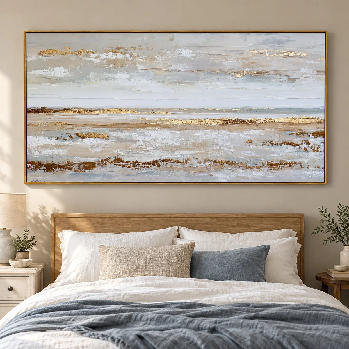 Large Coastal Abstract Canvas Wall Art – Textured Neutral Beige Ocean Landscape Painting for Living Room Decor