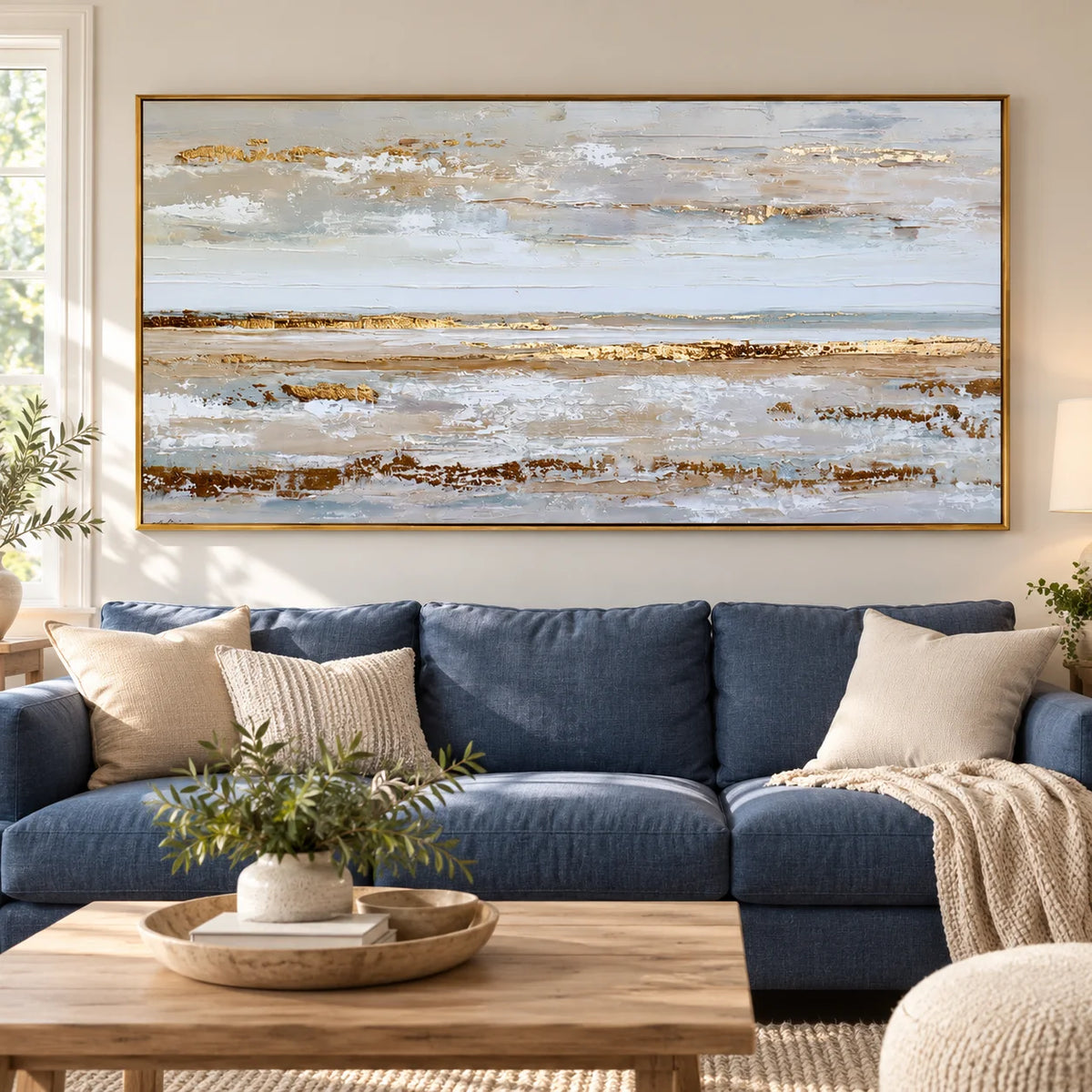 Large Coastal Abstract Canvas Wall Art – Textured Neutral Beige Ocean Landscape Painting for Living Room Decor