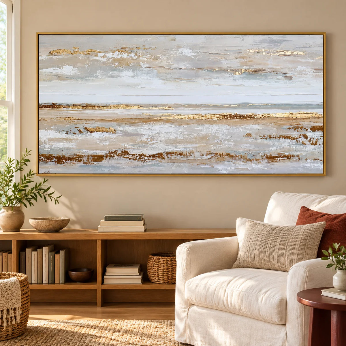 Large Coastal Abstract Canvas Wall Art – Textured Neutral Beige Ocean Landscape Painting for Living Room Decor