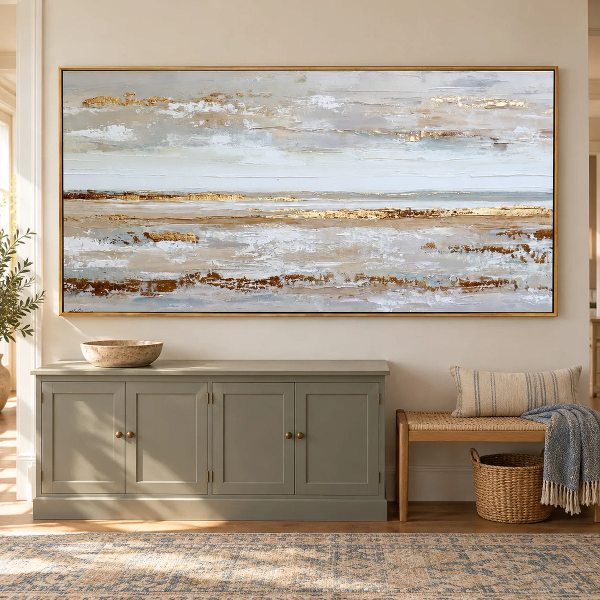 Large Coastal Abstract Canvas Wall Art – Textured Neutral Beige Ocean Landscape Painting for Living Room Decor