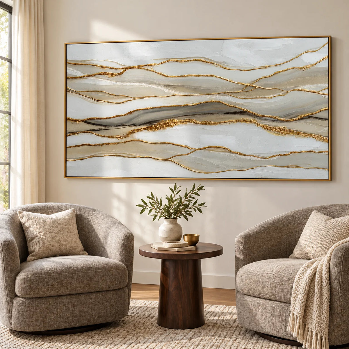 Large Horizontal Abstract Canvas Wall Art – Neutral Beige White and Gold Textured Painting for Modern Living Room Decor