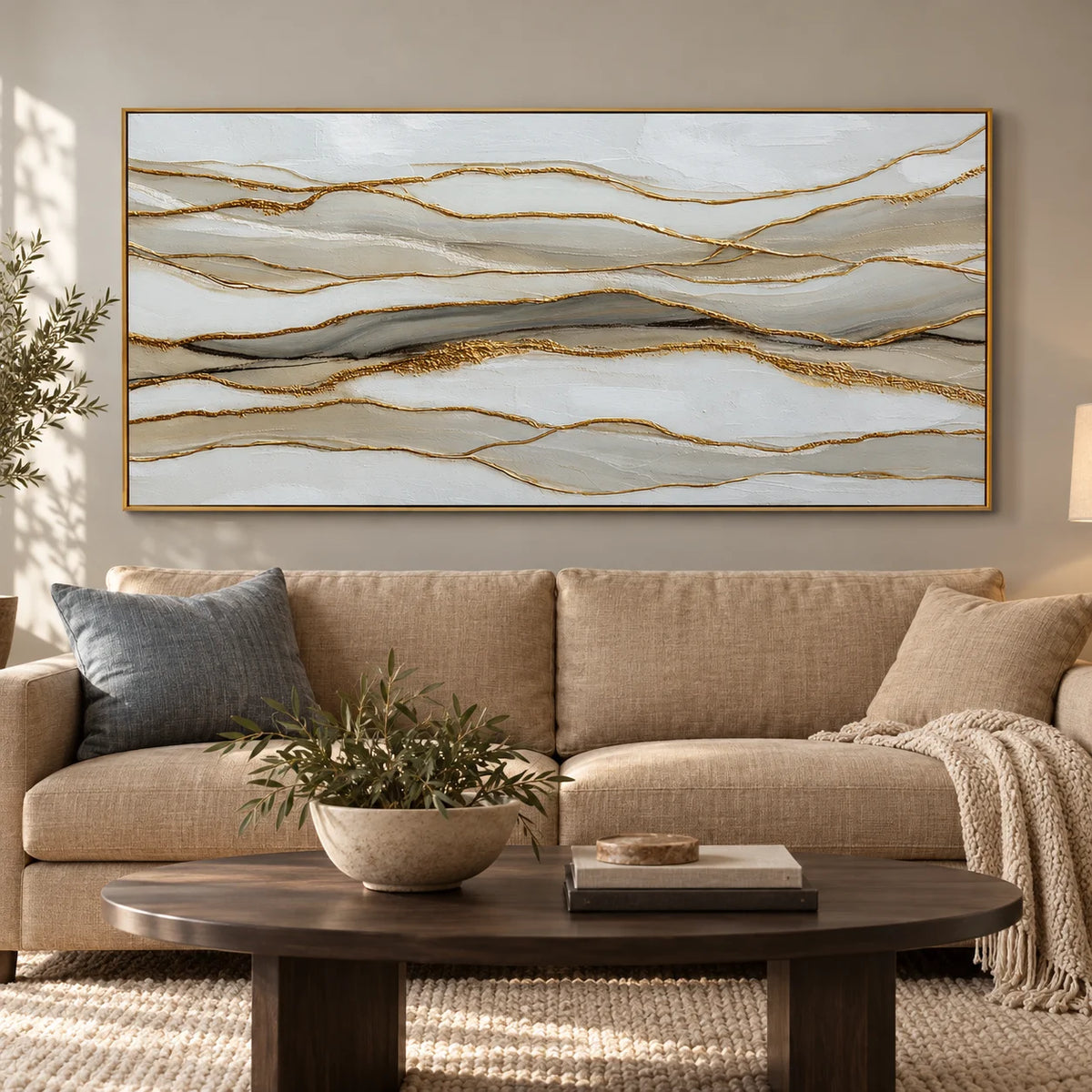 Large Horizontal Abstract Canvas Wall Art – Neutral Beige White and Gold Textured Painting for Modern Living Room Decor