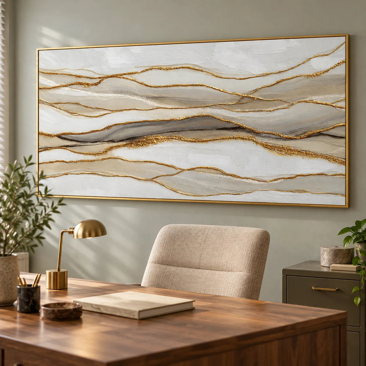 Large Horizontal Abstract Canvas Wall Art – Neutral Beige White and Gold Textured Painting for Modern Living Room Decor