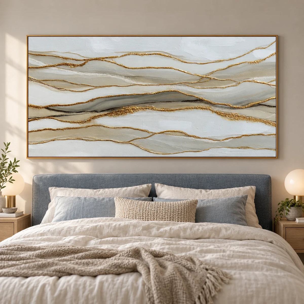 Large Horizontal Abstract Canvas Wall Art – Neutral Beige White and Gold Textured Painting for Modern Living Room Decor
