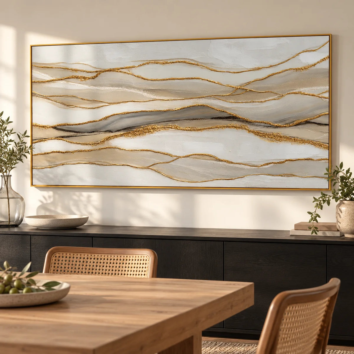 Large Horizontal Abstract Canvas Wall Art – Neutral Beige White and Gold Textured Painting for Modern Living Room Decor